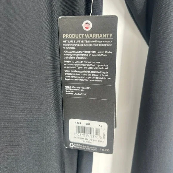 NWT ONeill Men's Basic Skins Long Sleeve Rash Guard Black UPF 50+ Sun Shirt XL - Picture 3 of 7